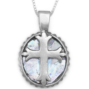 .925 Sterling Silver 18" Oval Roman Glass Cross Necklace Comes with Certificate